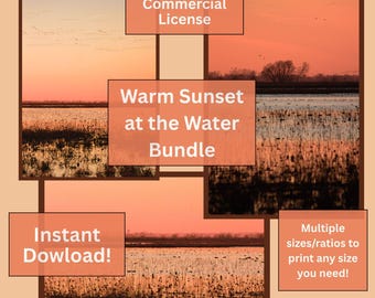 Cálido atardecer sobre el agua Naturaleza Descarga digital instantánea Imprimible Naranja y rosa Licencia comercial
