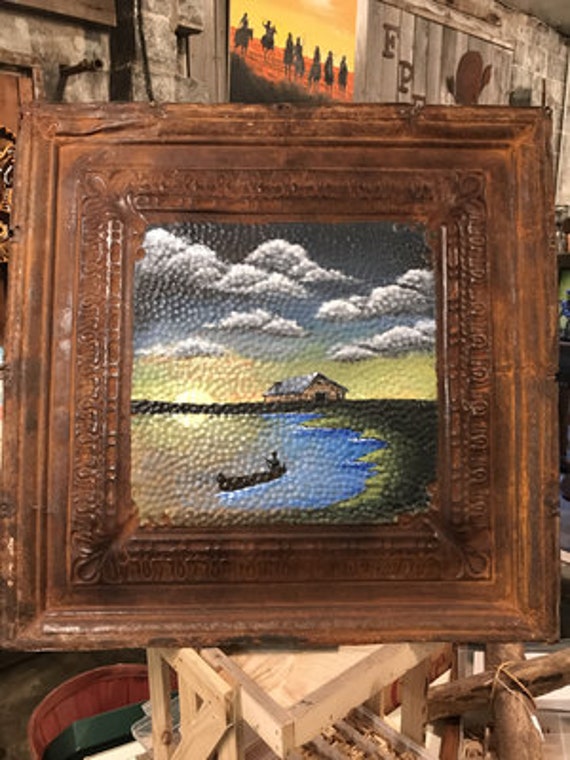 Lake Pond Hand Painted On Old Ceiling Tin