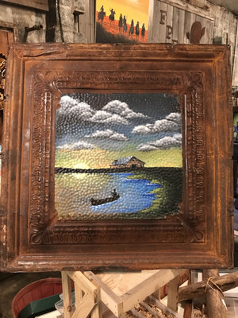 Lake Pond Hand Painted On Old Ceiling Tin