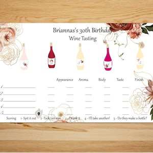 Aangepaste elegante roségouden wijnproeverij placemat scorecard alles-in-één! Ook voor wijnvluchten, en kerst- en oudejaarsavond: digitale pdf