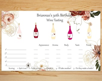 May include: A printable wine tasting scorecard with a floral design. The scorecard has five categories: appearance, aroma, body, taste, and finish. The scorecard also includes a scoring system with five options: 1- Spit it out, 2- Took two sips, 3- Drank it, 4- I'll take another!, 5- Do they make a bottle?