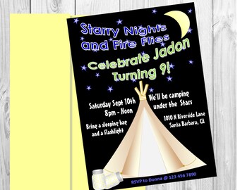 Camping invitation, Camp out party Invitation, Camping birthday invitation backyard tent, Camping sleepover under the stars and fire flies