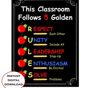 Puede incluir: Pizarra negra con texto blanco que dice "This Classroom Follows 5 Golden" y enumera cinco palabras: Respect, Unity, Leadership, Enthusiasm y Solve. Cada palabra va acompañada de una manzana roja y un lápiz amarillo.