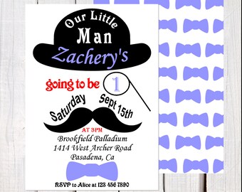 Boy First Birthday Invitation, 1st Birthday Invitation, our little man invitation, Bowler Hat Bowtie Invitation, Mustache Bash Invitation