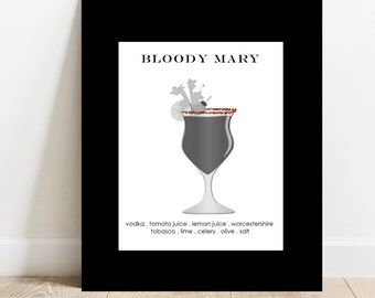 Bloody Mary Cocktail print with a splash of color. Modern black and white print with color splash. Perfect for gift giving, in gallery mat.