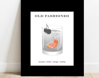 Old Fashioned Cocktail print with a splash of color. Modern black and white print with color splash. Perfect for gift giving. In gallery mat