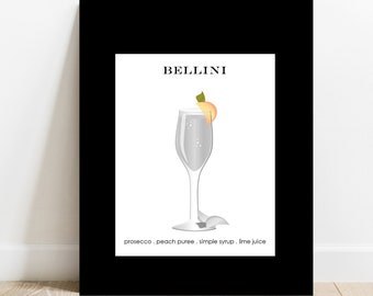 Bellini Cocktail print with a splash of color. Modern black and white print with color splash. Perfect for gift giving, set in a gallery mat