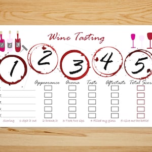 Simple Wine Tasting placemat scorecard, Wine Tasting card, red wine stains, wine flights games. Jogo perfeito para a véspera de Ano Novo DOWNLOAD INSTANTÂNEO