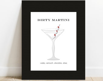 Dirty Martini Cocktail print with a splash of color. Modern black and white print set in a thick gallery mat, ready to display or frame.