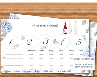 Elegant Bridesmaid proposal Wine Tasting placemat scorecard, Blue Hydrangeas, Summer Bridesmaid wine tasting, Engagement parties PDF