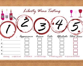 Customized original Wine Tasting placemat scorecard, for home & wineries perfect for Wine flights, Summer celebrations, blind wine tastings.