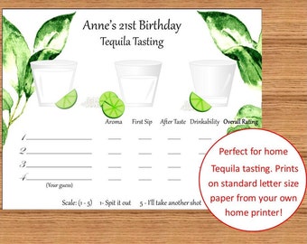 Modern customized Tequila Tasting placemat scorecard, Print from home on 8.5 x 11 paper, bachelorette, birthdays or Blind wine tastings,