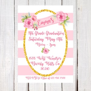 floral and stripe graduation invitation, 8th grade graduation invitation, High school graduation Invitation, College graduation invitation image 1