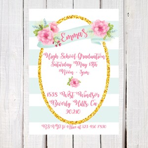 floral and stripe graduation invitation, 8th grade graduation invitation, High school graduation Invitation, College graduation invitation image 2