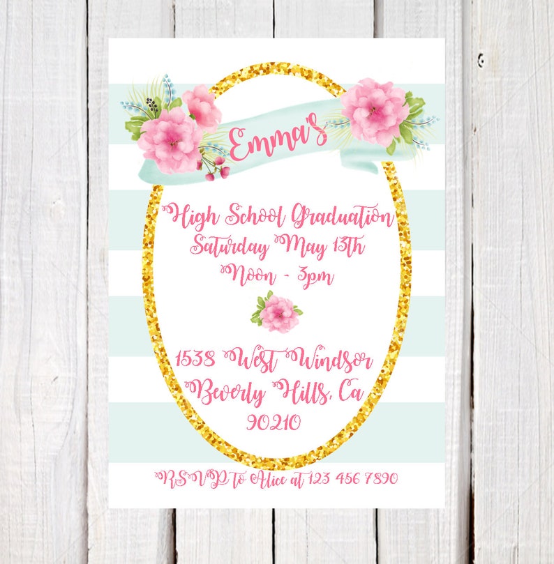 floral and stripe graduation invitation, 8th grade graduation invitation, High school graduation Invitation, College graduation invitation image 2