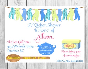 May include: A blue and yellow kitchen shower invitation with a teapot illustration and the text "A Kitchen Shower in honour of Allison The Sea Gull Inn 3254 Wetlands Drive Charlotte, SC Saturday August 10th at 3 pm Registered at William Sonoma Sur La Table RECIPES Please bring your favourite recipe! RSVP to Alice @123 456 7890"