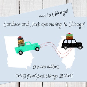 Nieuwe adresaankondiging, we zijn verhuisd, nieuw adres, auto's en vrachtwagens met bagage, cross country moving card PDF printables.