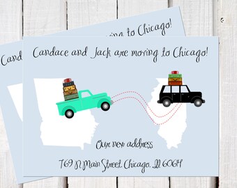 New address announcement, we've moved, new address , cars and trucks with luggage, cross country moving card PDF printables.