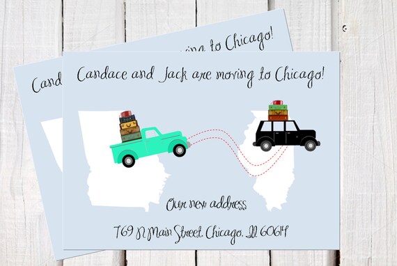New address announcement, we've moved, new address , cars and trucks with luggage, cross country moving card PDF printables. Il_570xn