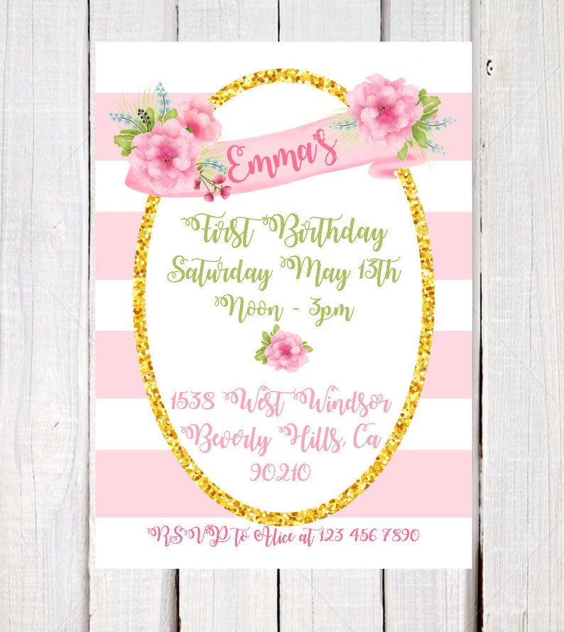 Girl birthday invitation, pink and gold invitation, baby's first birthday invitations, stripes and banners invitation, printable invitation image 2