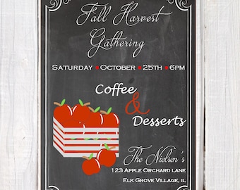 Chalkboard Fall invitation, fall gathering invites, apples invitation, fall party invitation, dessert and coffee party invitations,
