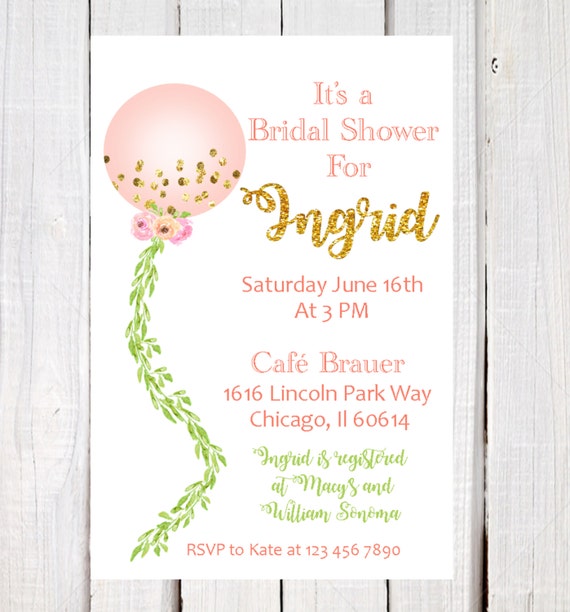 Bridal Shower invitation with balloon, blush and Gold floral Bridal Shower, Giant Balloon with flowers invitations. gold confetti Printables Il_570xn