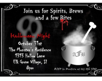 Adult Halloween invitation, Halloween Birthday invitation, Halloween cocktail party invitation, Spirits, brews and bites,  chalkboard Invite