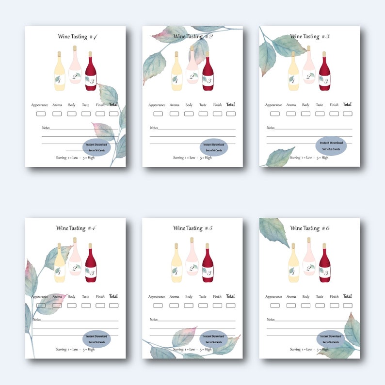 Contemporary Blue Botanical & Floral Wine Tasting Card Scorecard, for ...
