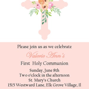 Baptism, Christening, first holy communion invitation girls Modern invitation , simple with a floral cross, 1st holy communion religious image 3