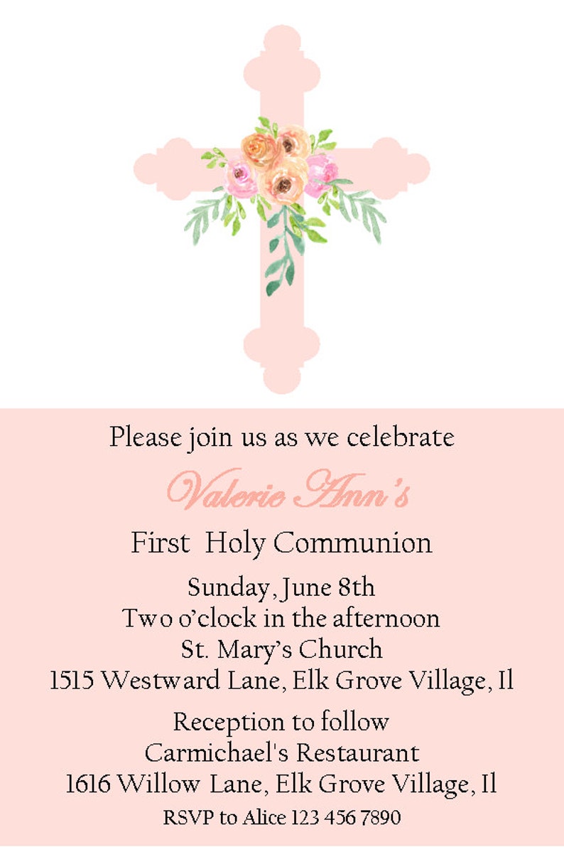 Baptism, Christening, first holy communion invitation girls Modern invitation , simple with a floral cross, 1st holy communion religious image 3