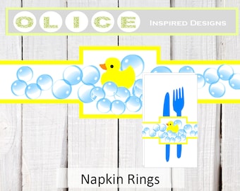 Rubber Duck bubbles printable party NAPKIN RINGS - baby showers or first birthdays. Digital design PDF party printables download.