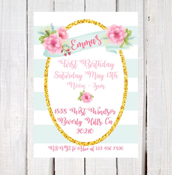 Girls birthday invitation, Blue, pink and gold baby's first birthday invitations, stripes and banners invitation, printable invitation Il_570xn