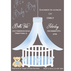 Baby shower invitation Teddy bear blue baby shower Baby boy shower invitation crib invitation blue and brown baby shower invites image 2