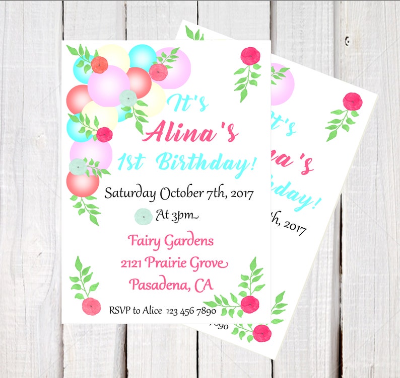 Balloon Party, Balloon Party Invitation, baby girls balloon party, Pink and Blue balloon, First birthday invitation, First Birthday balloon image 7