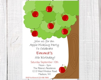 Apple picking invitation, apple tree invitation, apple birthday theme party invitation, fall party invitation, printables