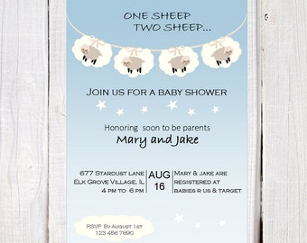 May include: A blue baby shower invitation with a white cloud banner and sheep illustrations. The invitation reads "One sheep, two sheep... Join us for a baby shower. Honoring soon to be parents Mary and Jake. 677 Stardust Lane, Elk Grove Village, IL. Aug 16. 4 PM to 6 PM. Mary & Jake are registered at Babies R Us & Target. RSVP by August 1st, 123 456 7890."