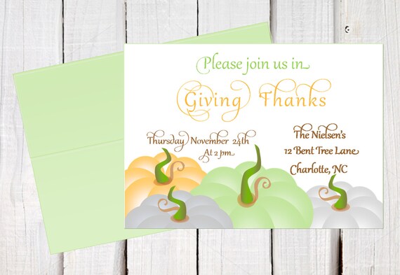 Thanksgiving Invitation, Thanksgiving dinner invitations, giving thanks, green pumpkin, white and blue pupmkin casual thanksgiving Il_570xn