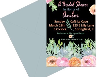 Watercolor bridal shower Invitations, pastel floral invitations on black background, pink, coral blue and green. Printable invitation.