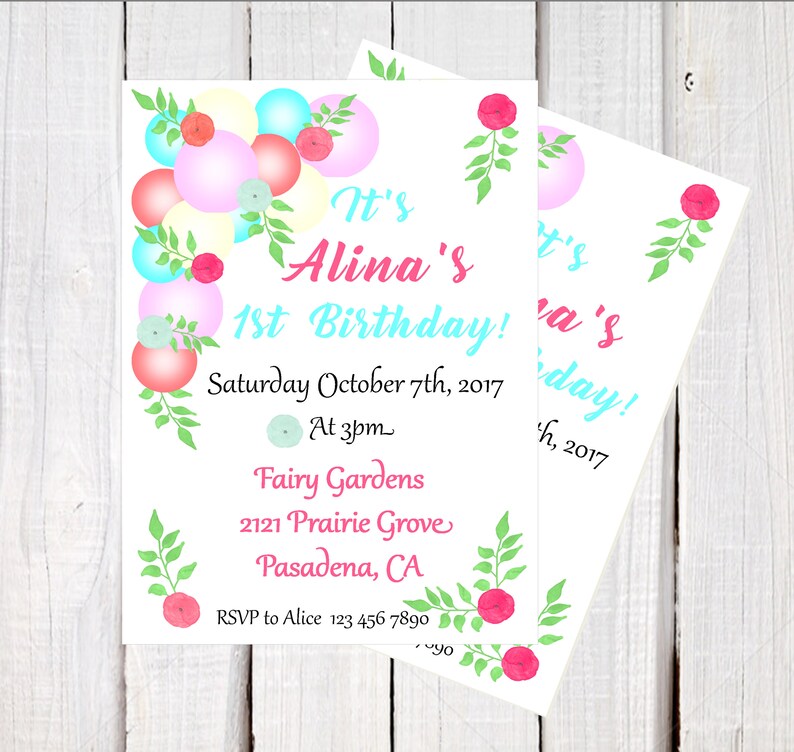 Balloon Party, Balloon Party Invitation, baby girls balloon party, Pink and Blue balloon, First birthday invitation, First Birthday balloon image 2