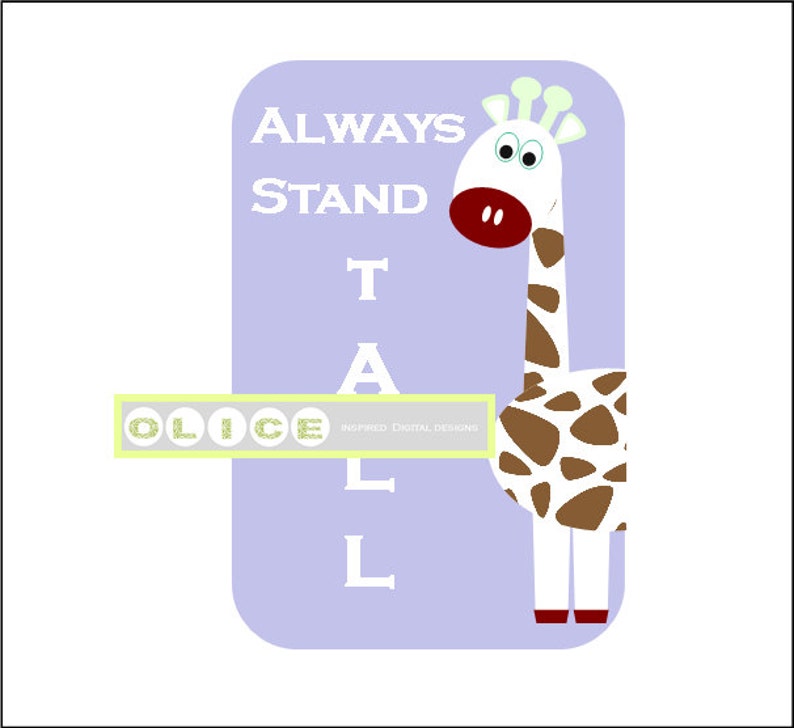 May include: A purple and white card with a giraffe illustration and the text "ALWAYS STAND TALL".
