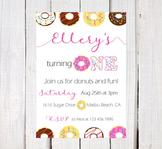 Simple donut party invitation, Pink Chocolate icing Donut Invitation, pink Donut first birthday invitation, donut wall, back side included Il_570xn