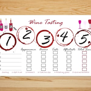 Pu&ograve; includere: Una scheda di degustazione del vino bianco con cinque anelli di bicchiere di vino rosso, numerati da 1 a 5. La scheda di punteggio ha colonne per l'aspetto, l'aroma, il gusto, il retrogusto e il punteggio totale. Ogni colonna ha cinque caselle da spuntare. La parte inferiore della scheda di punteggio ha una chiave di punteggio con cinque opzioni: 1-Sputare, 2-Bere, 3-Prendere due sorsi, 4-Riempire il mio bicchiere, 5-Dammi la bottiglia!