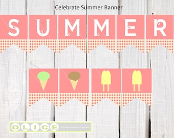 Celebrate Summer Party Banner -  Picnic Party -  Ice Cream Party -summer colors of Pink Green Yellow  Digital design PDF download