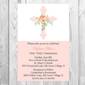 Baptism, Christening, first holy communion invitation girls Modern invitation , simple with a floral cross, 1st holy communion religious image 1