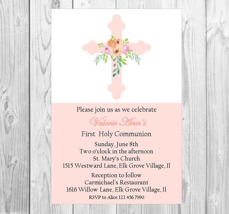 Baptism, Christening, first holy communion invitation girls Modern invitation , simple with a floral cross, 1st holy communion religious image 1