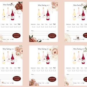Elegantes cartões de pontuação de degustação de vinhos em ouro rosa para um número ilimitado de convidados. Ótimos para voos de champanhe e véspera de Ano Novo DOWNLOAD INSTANTÂNEO EM PDF