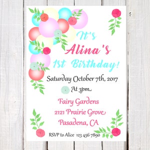 Balloon Party, Balloon Party Invitation, baby girls balloon party, Pink and Blue balloon, First birthday invitation, First Birthday balloon image 1