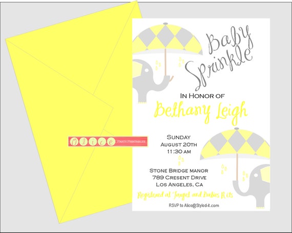 Elephant Baby Shower Invitation - Yellow and grey - elephant baby sprinkle invitation - umbrella invite - gender neutral - gray - digital Il_570xn