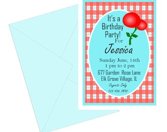 Red gingham invitation, turquoise and red plaid Birthday invitation,  girls country gingham aqua and red birthday party invitation.