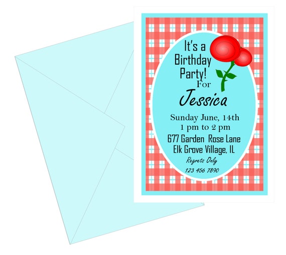 Red gingham invitation, turquoise and red plaid Birthday invitation, girls country gingham aqua and red birthday party invitation. Il_570xn